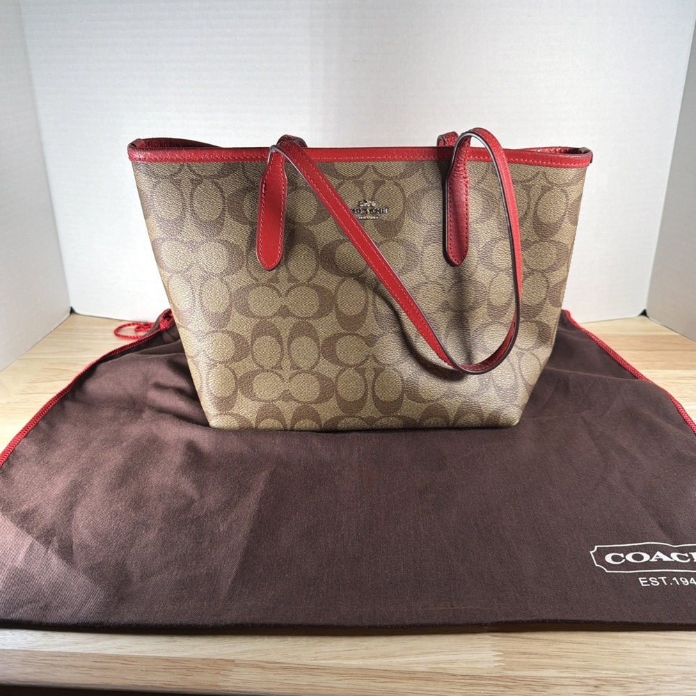 READ! Coach Brown And Miami Red Signature Mini City Tote CN733 With Dust Bag